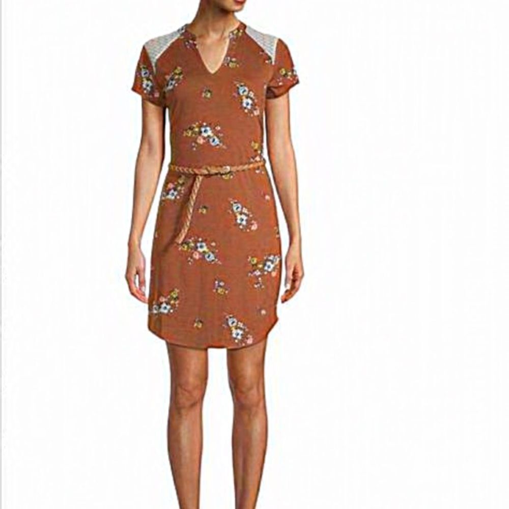 Nwt Nobo Boho Brown Floral tunic Dress short sleeves belt x-large 15/17